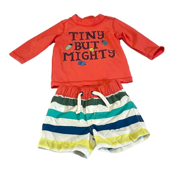 Carters Baby Boy Bathing Suit Set 3 Months Rash Guard Trunks Tiny But Mighty - Picture 1 of 4